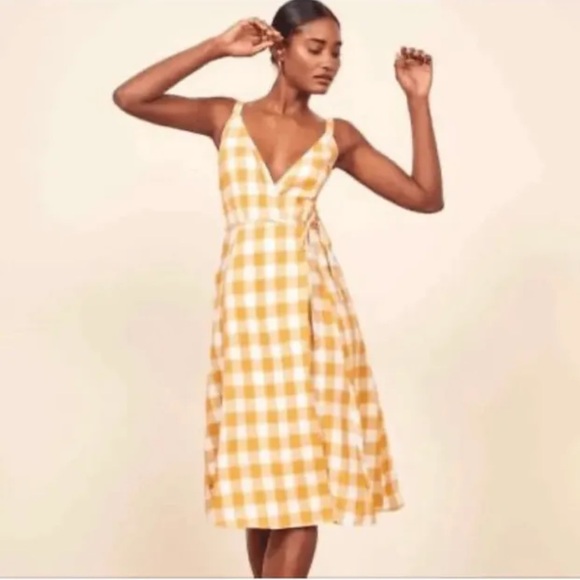 Reformation Beverly Linen Wrap Dress Yellow White Check, Size XS, Deep V Neck 💛 - Picture 2 of 12